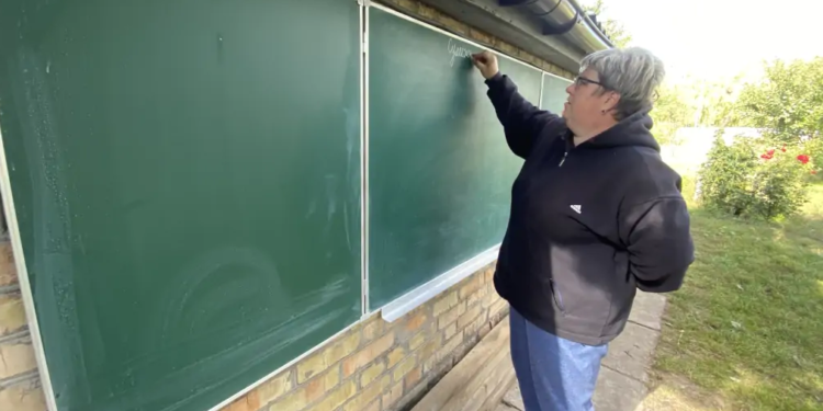 Вчителька з Бородянки на Київщині викладає математику просто неба. Її будинок розбомбили росіяни (фото, відео)