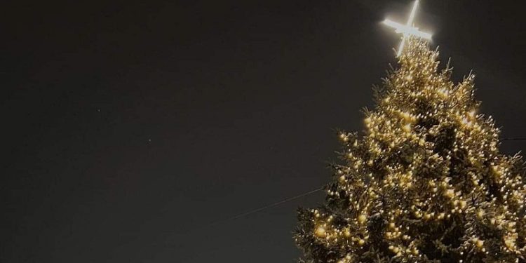 Новорічну ялинку у Львові увінчали стилізованим протитанковим їжаком (фото)