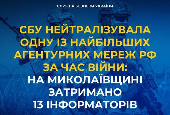 СБУ нейтралізувала одну із найбільших агентурних мереж рф за час війни: на Миколаївщині затримано 13 інформаторів