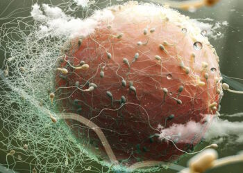 Художня ілюстрація сперматозоїдів, що обплели яйцеклітину у намаганні проникнути в неї. renderburger